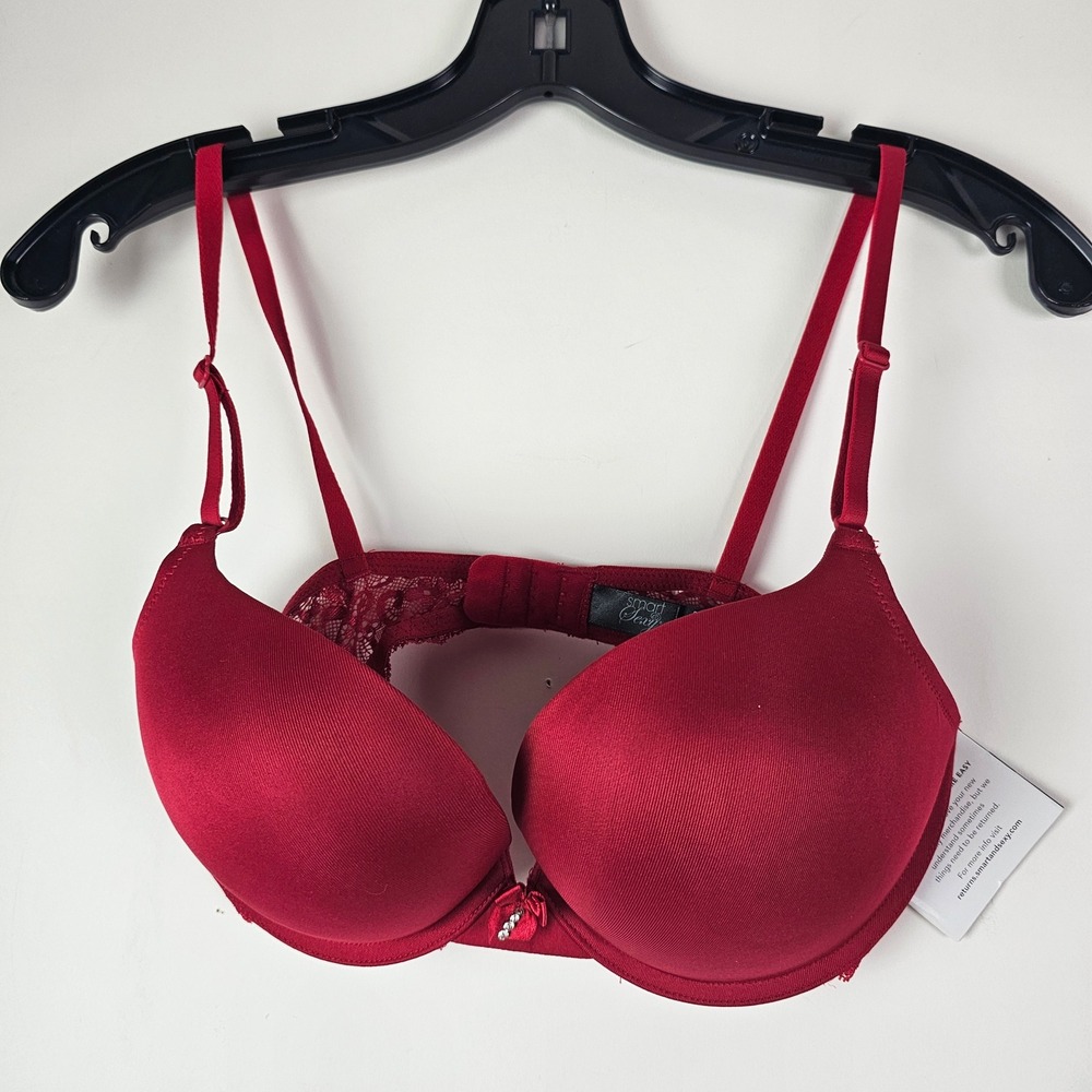Smart & Sexy NWT Red Satin Push Up Underwire Bra 34C Rhinestone Detail SA276